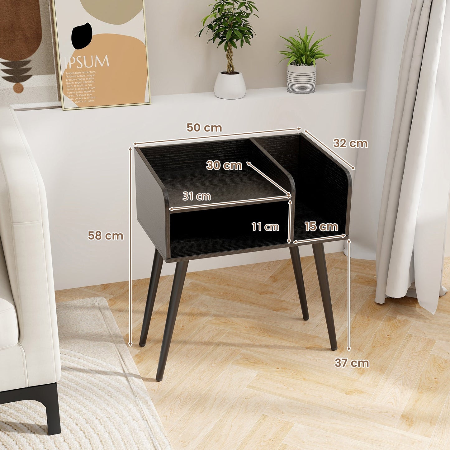 2-Tier Mid Century Modern Nightstand for Living Room Bedroom Set of 2-Black