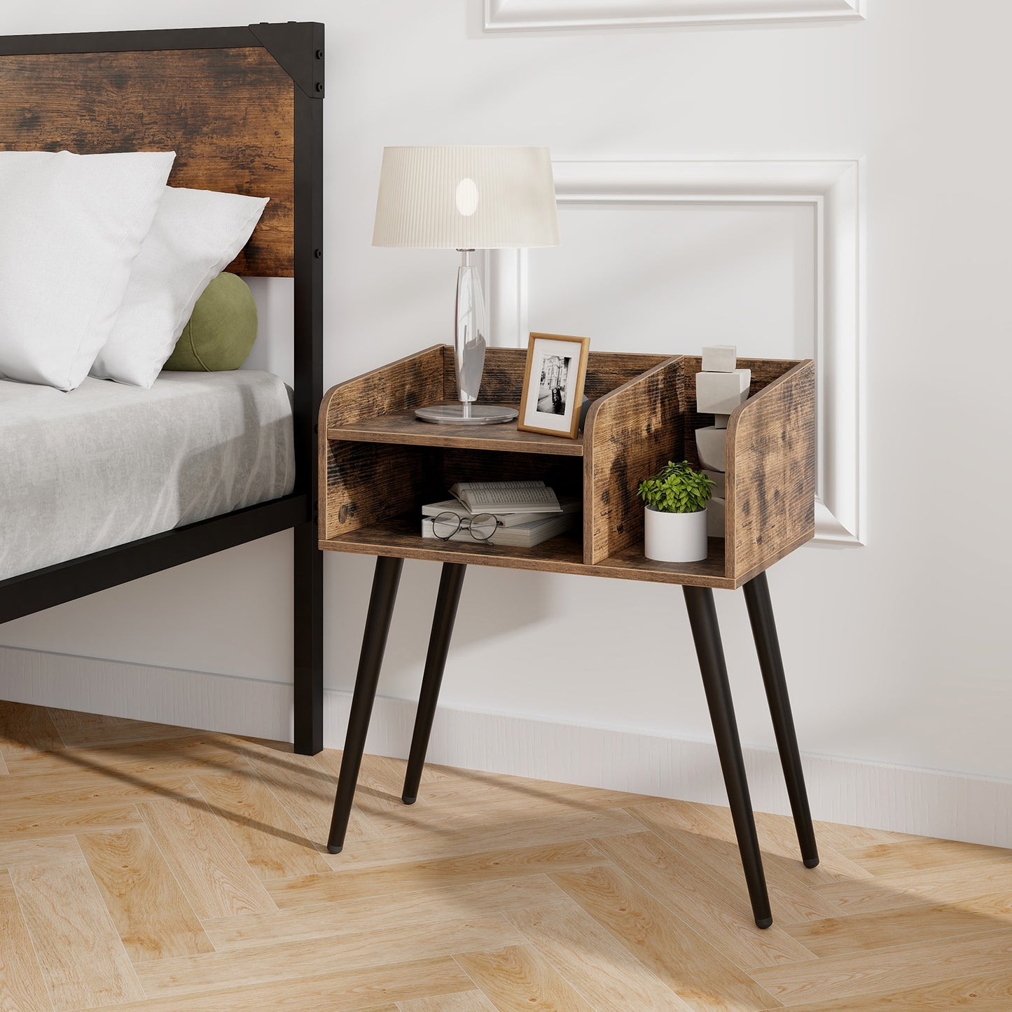 2-Tier Mid Century Modern Nightstand for Living Room Bedroom Set of 2-Rustic Brown