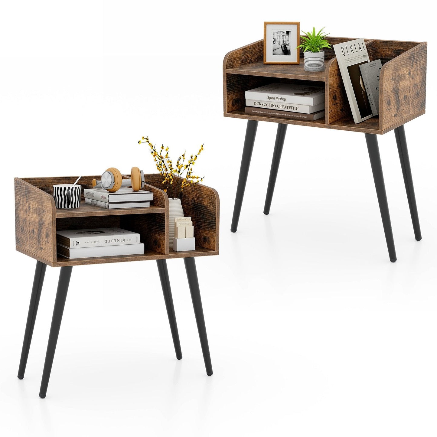 2-Tier Mid Century Modern Nightstand for Living Room Bedroom Set of 2-Rustic Brown