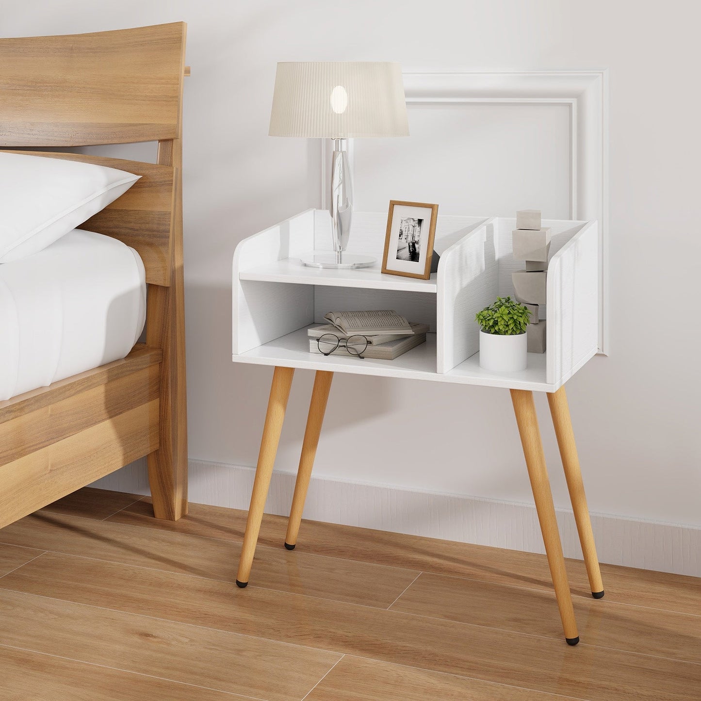 2-Tier Mid Century Modern Nightstand for Living Room Bedroom Set of 2-White