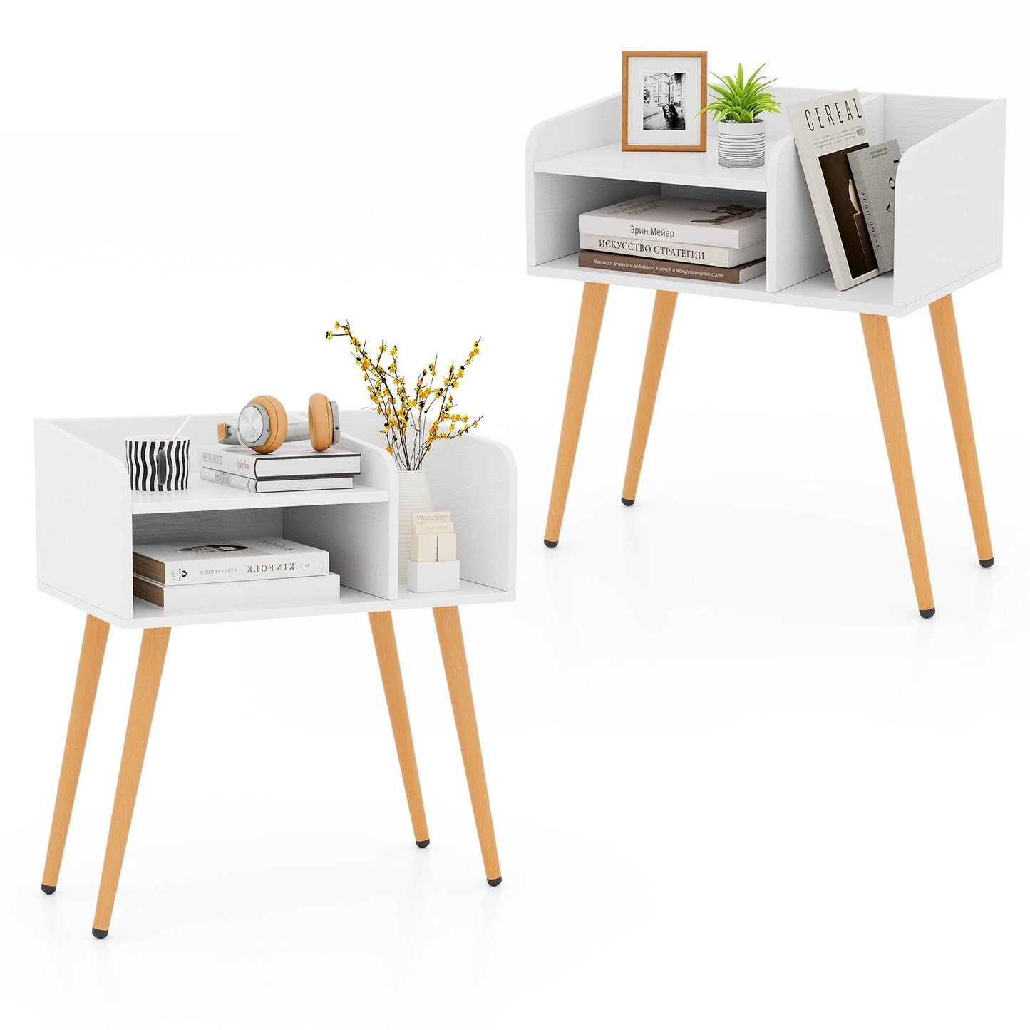 2-Tier Mid Century Modern Nightstand for Living Room Bedroom Set of 2-White