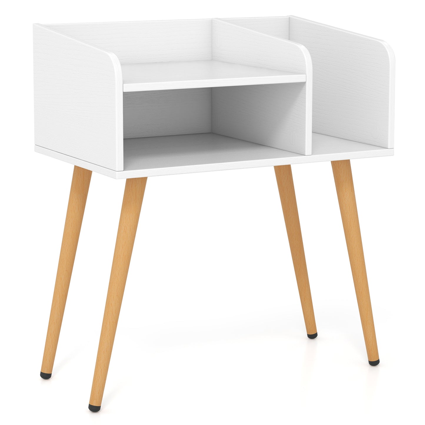 2-Tier Mid Century Modern Nightstand with Open Shelves-White