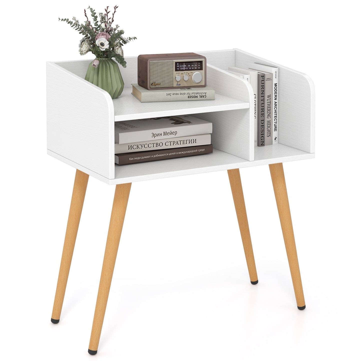 2-Tier Mid Century Modern Nightstand with Open Shelves-White