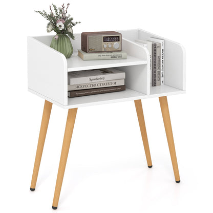 2-Tier Mid Century Modern Nightstand with Open Shelves-White