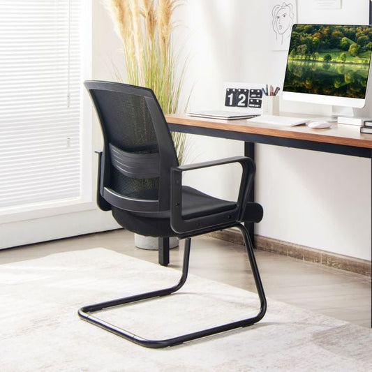 Mid Mesh Back Reception Chair with Adjustable Lumbar Support and Sled Base-Black-2 Pieces
