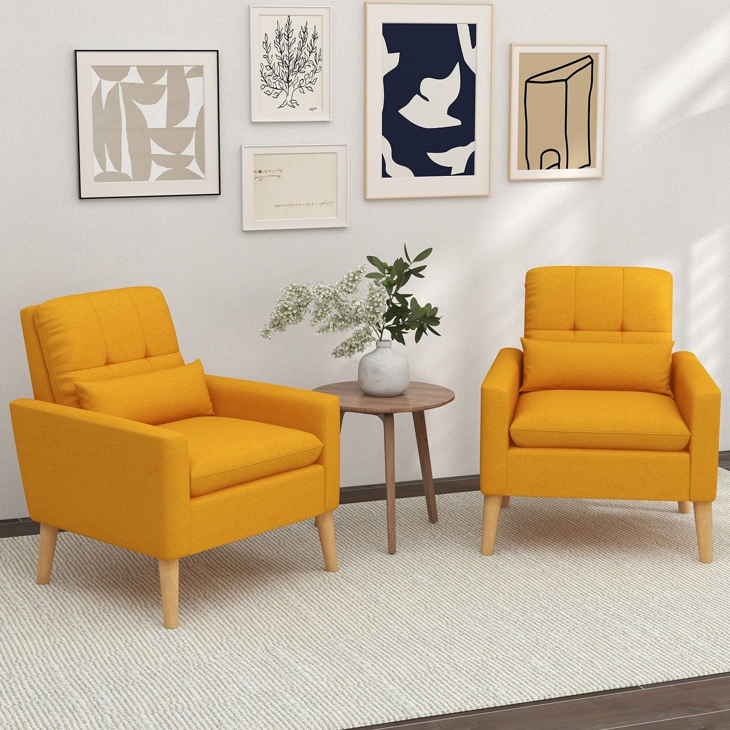 Mid-century Modern Accent Chair with Lumbar Pillow-Yellow