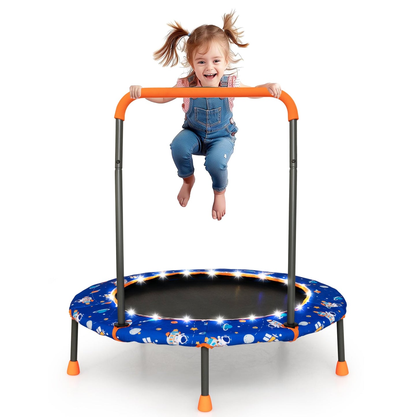 Mini Trampoline with LED Lights and Safety Handle for Children-Blue