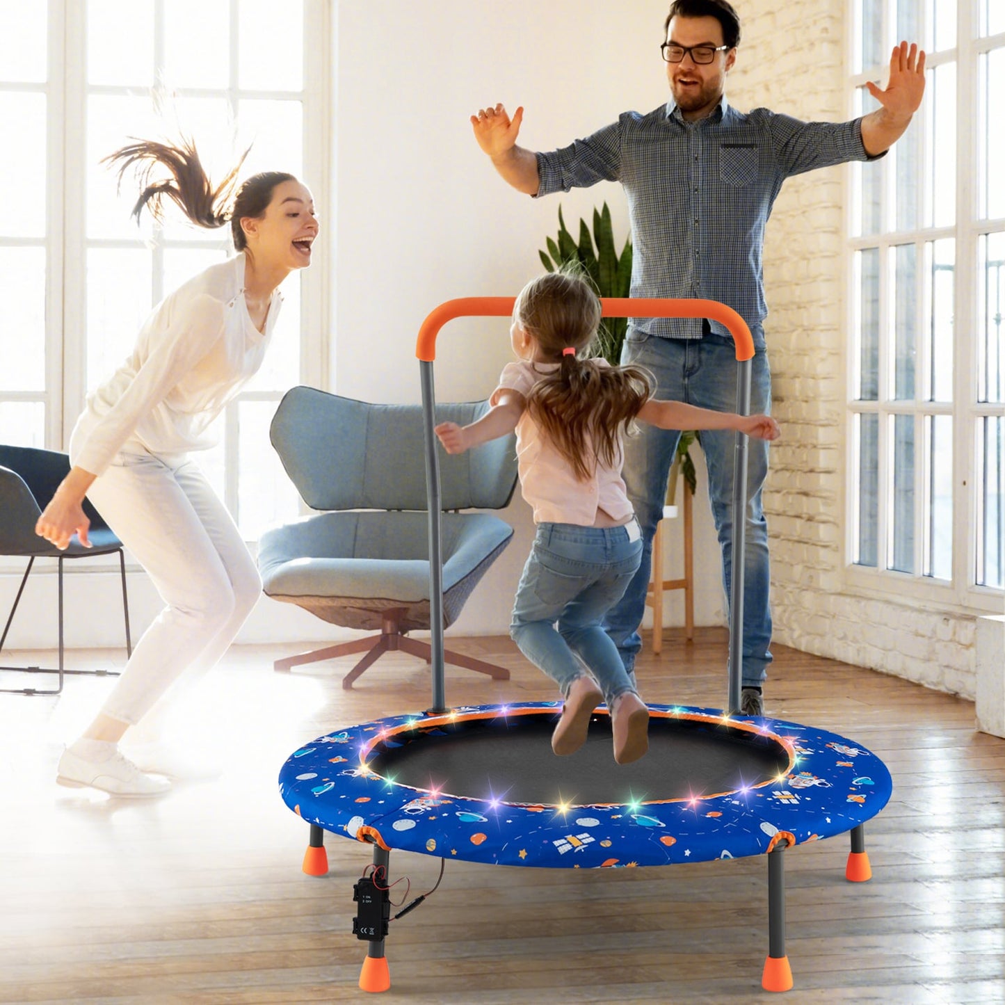 Mini Trampoline with LED Lights and Safety Handle for Children-Blue