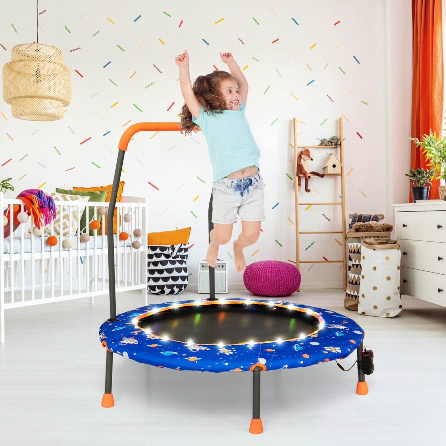 Mini Trampoline with LED Lights and Safety Handle for Children-Blue