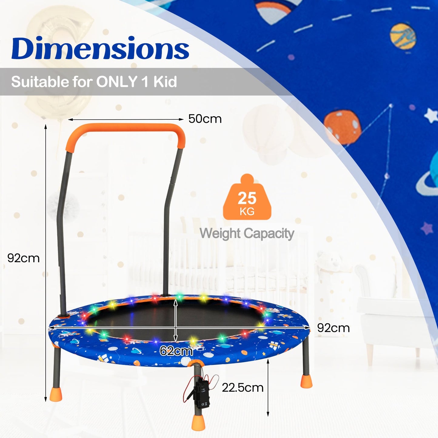 Mini Trampoline with LED Lights and Safety Handle for Children-Blue