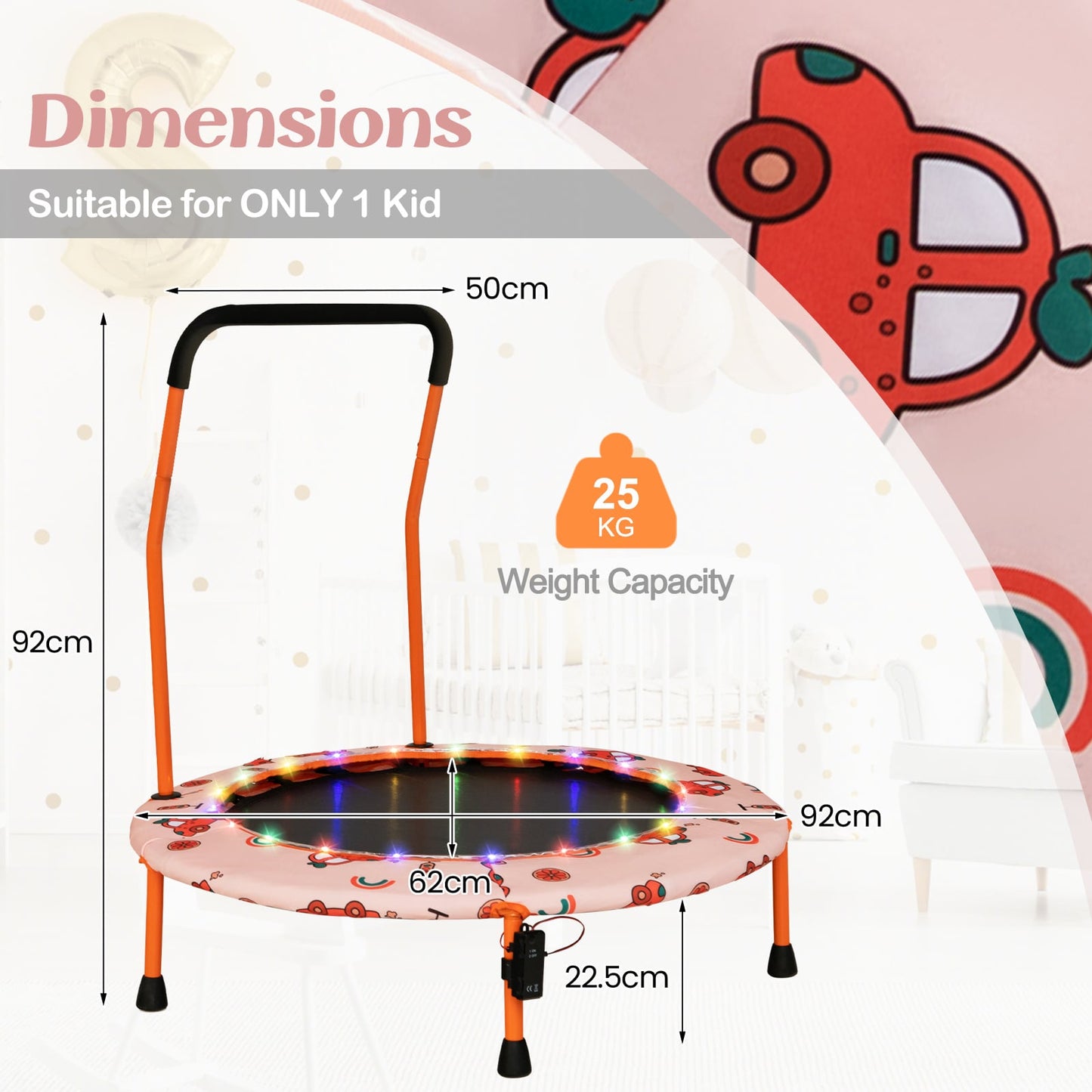 Mini Trampoline with LED Lights and Safety Handle for Children-Orange