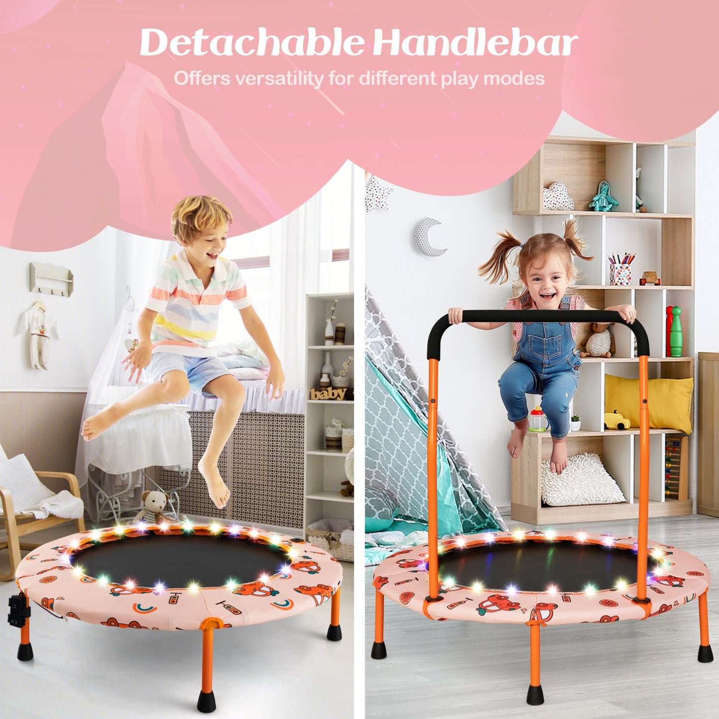 Mini Trampoline with LED Lights and Safety Handle for Children-Orange