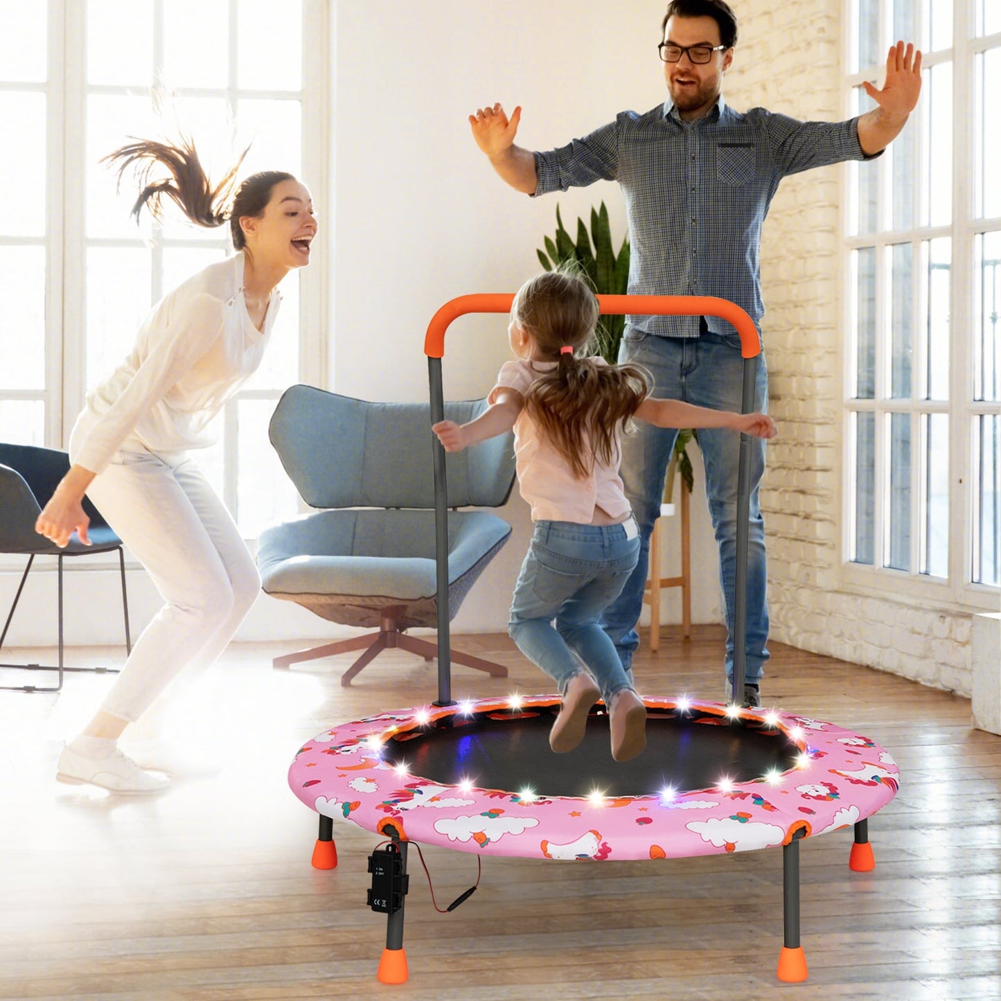 Mini Trampoline with LED Lights and Safety Handle for Children-Pink