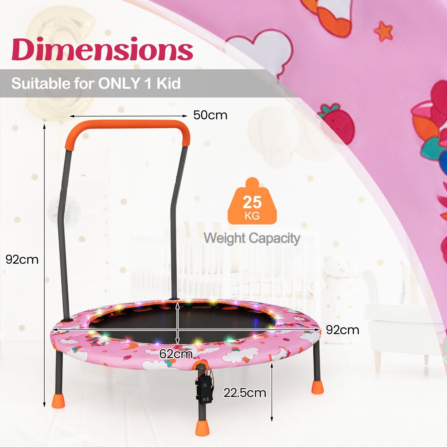 Mini Trampoline with LED Lights and Safety Handle for Children-Pink