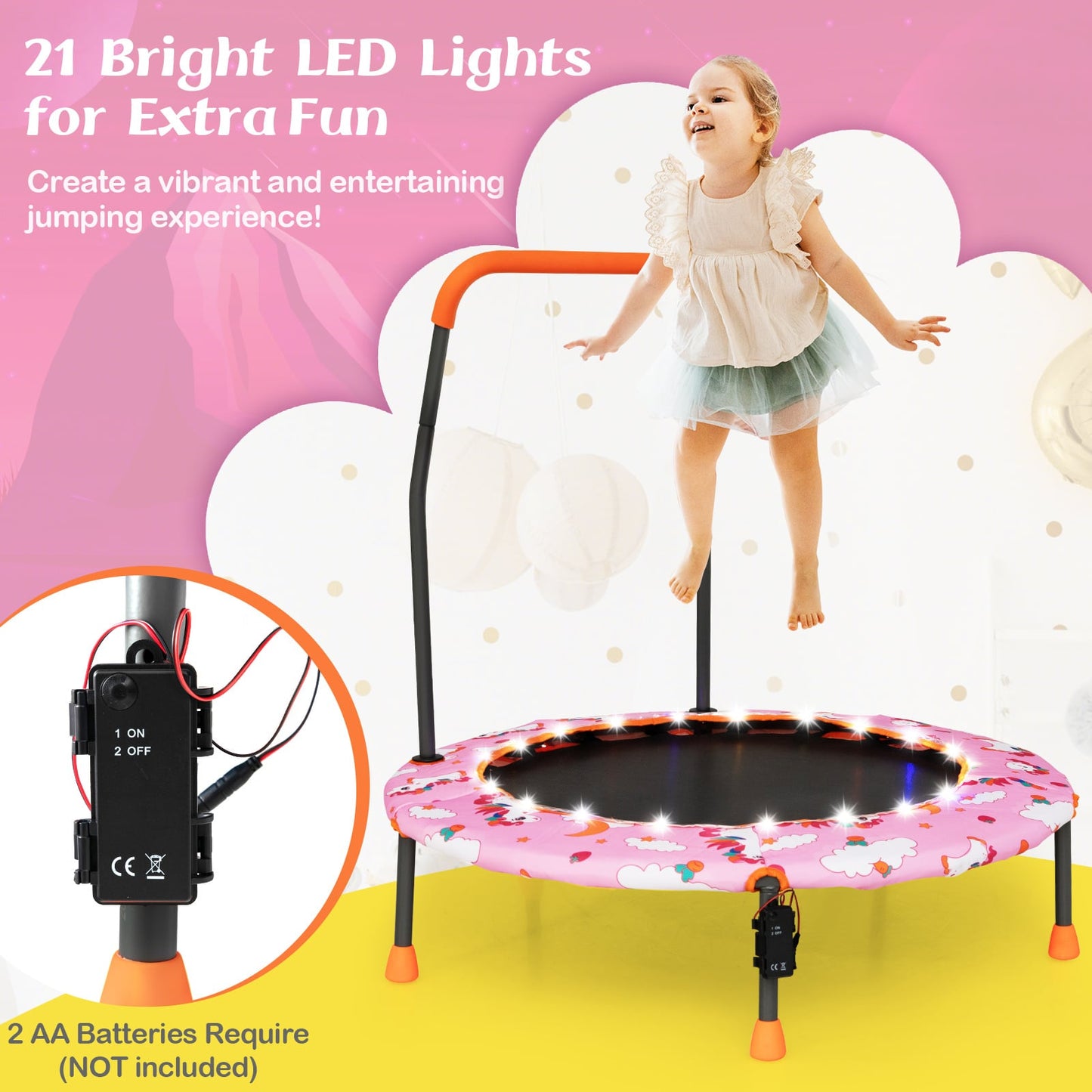 Mini Trampoline with LED Lights and Safety Handle for Children-Pink