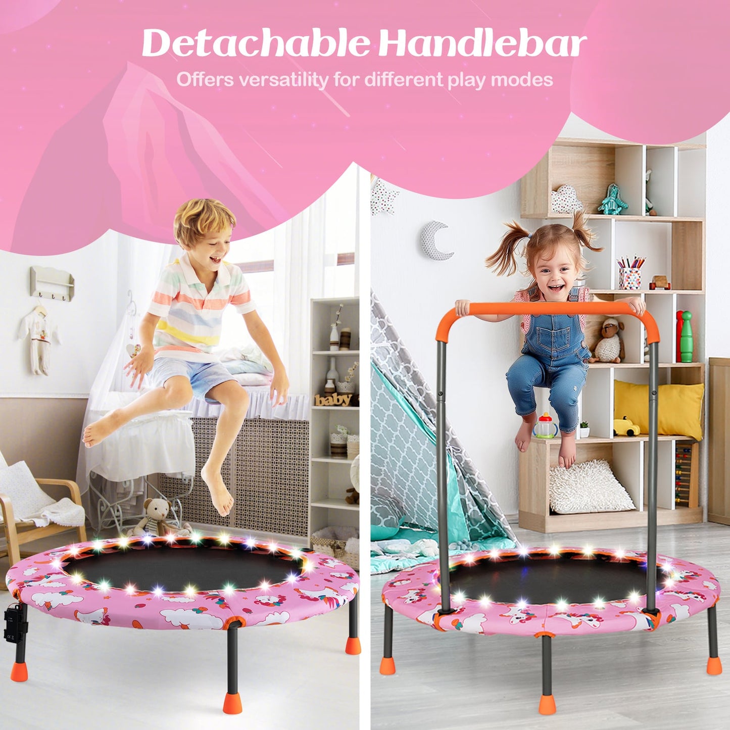 Mini Trampoline with LED Lights and Safety Handle for Children-Pink