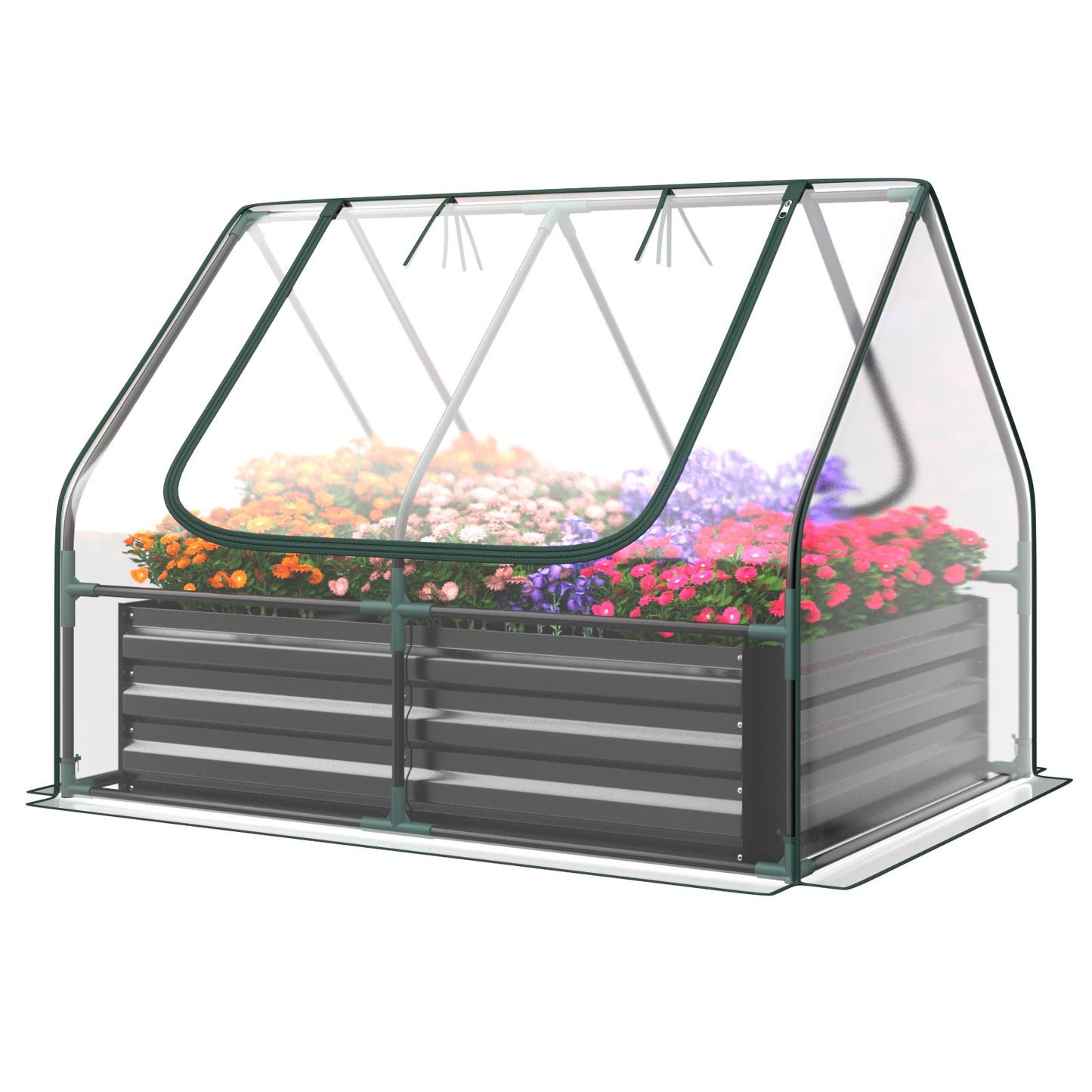 Mini Greenhouse with Roll-up Zipper Doors and Raised Garden Bed-Transparent