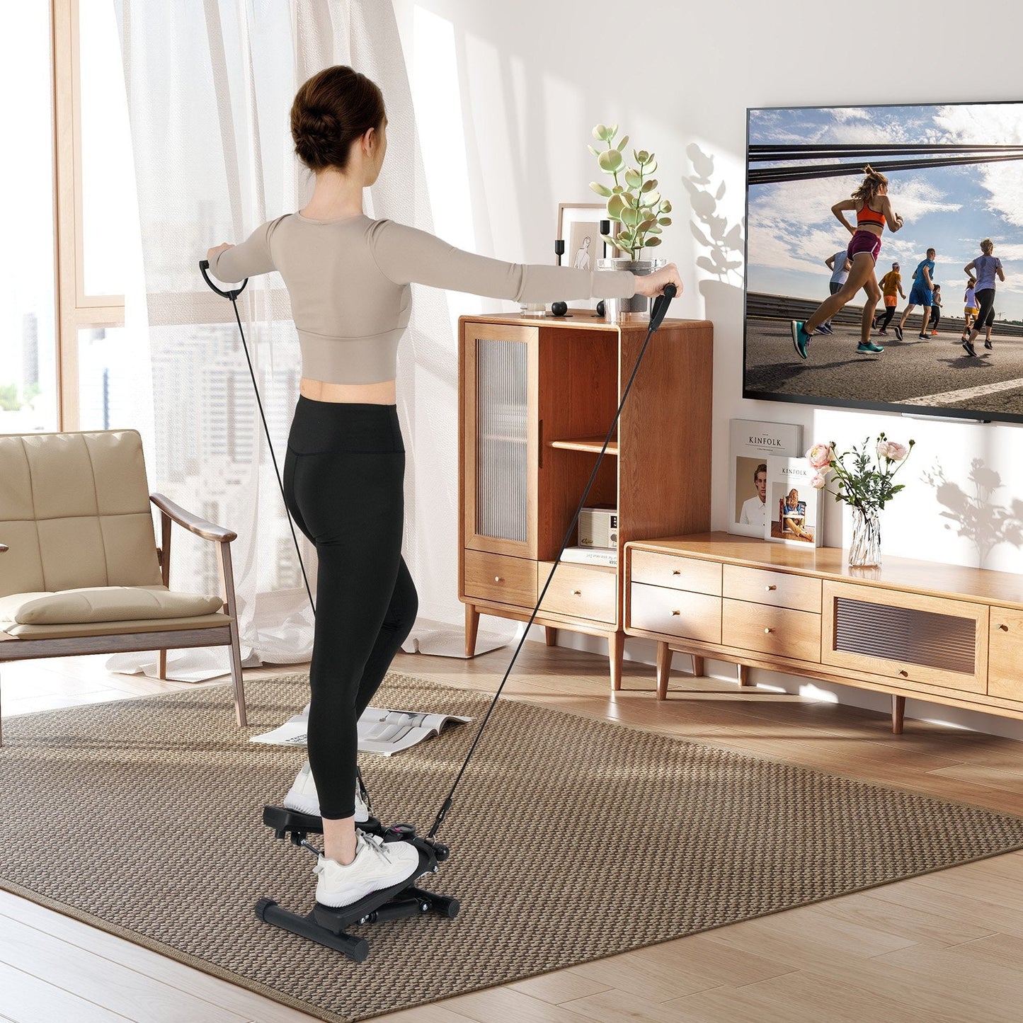 Mini Stepper for Workout Portable Hydraulic Stepper with Resistance Bands-Black