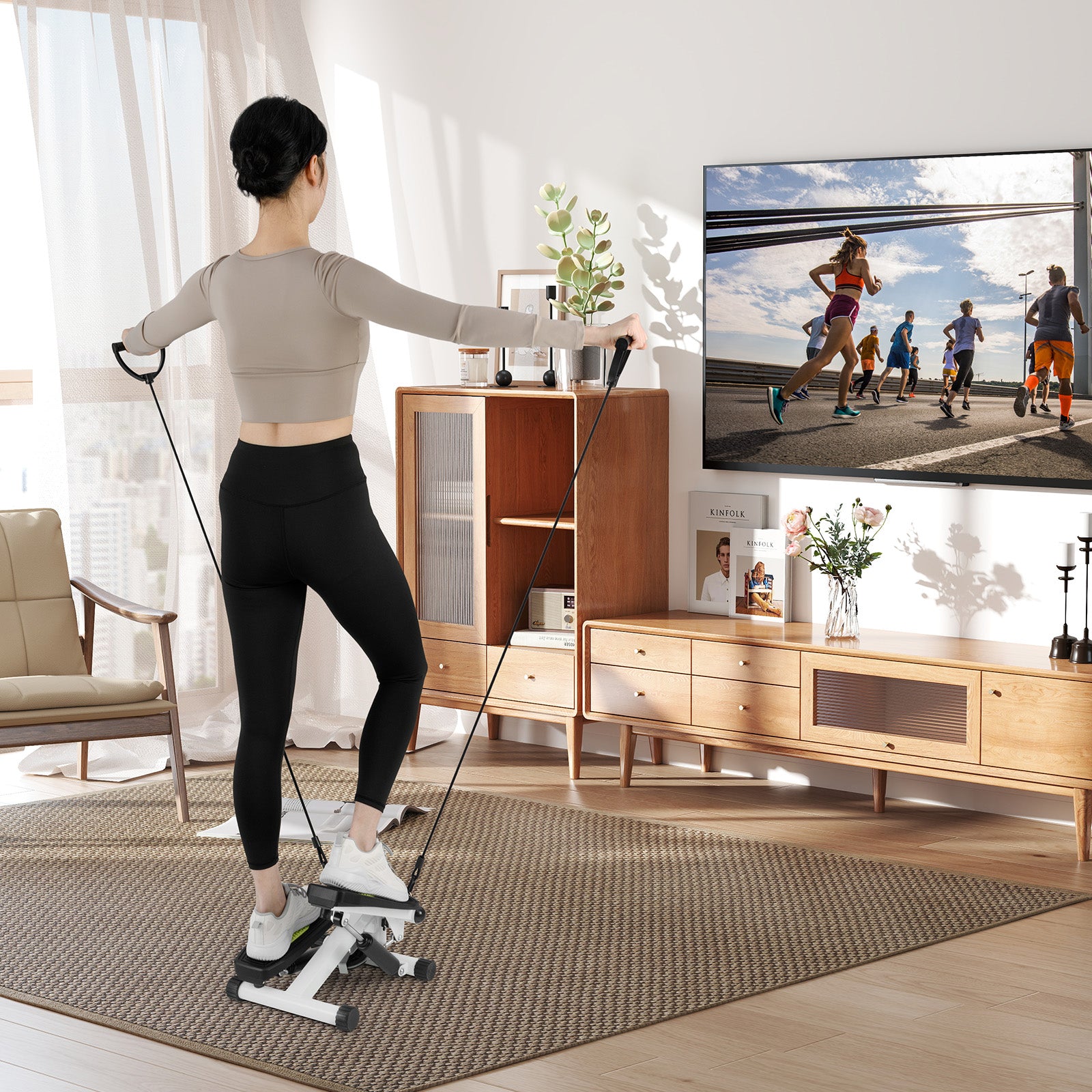 Mini Stepper for Workout Portable Hydraulic Stepper with Resistance Bands-White