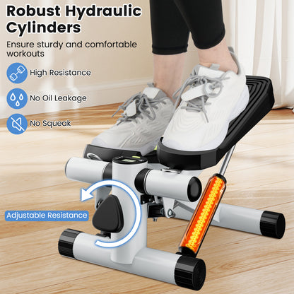 Mini Stepper for Workout Portable Hydraulic Stepper with Resistance Bands-White