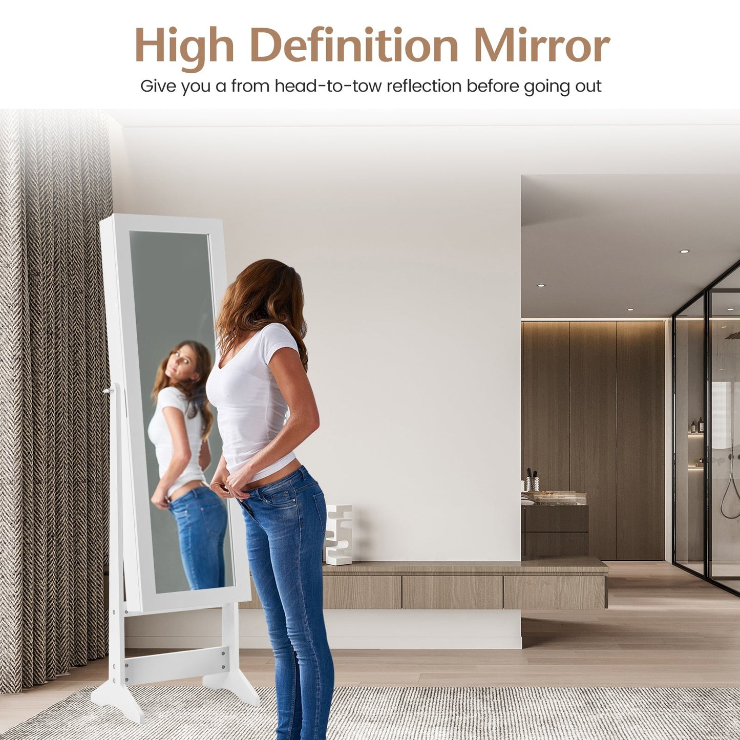 Mirrored Jewelry Armoire with Full-Length Mirror and 3 Tilting Angles-White