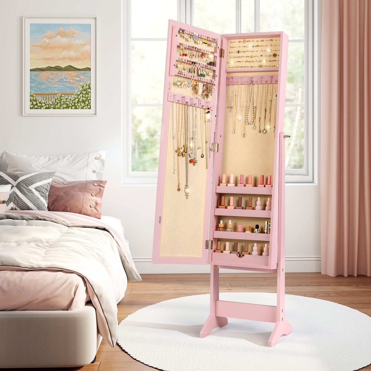 Mirrored Jewelry Armoire with Full-Length Mirror and 3 Tilting Angles-Pink