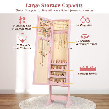 Mirrored Jewelry Armoire with Full-Length Mirror and 3 Tilting Angles-Pink