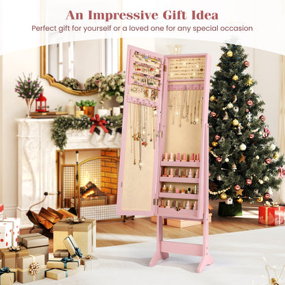 Mirrored Jewelry Armoire with Full-Length Mirror and 3 Tilting Angles-Pink