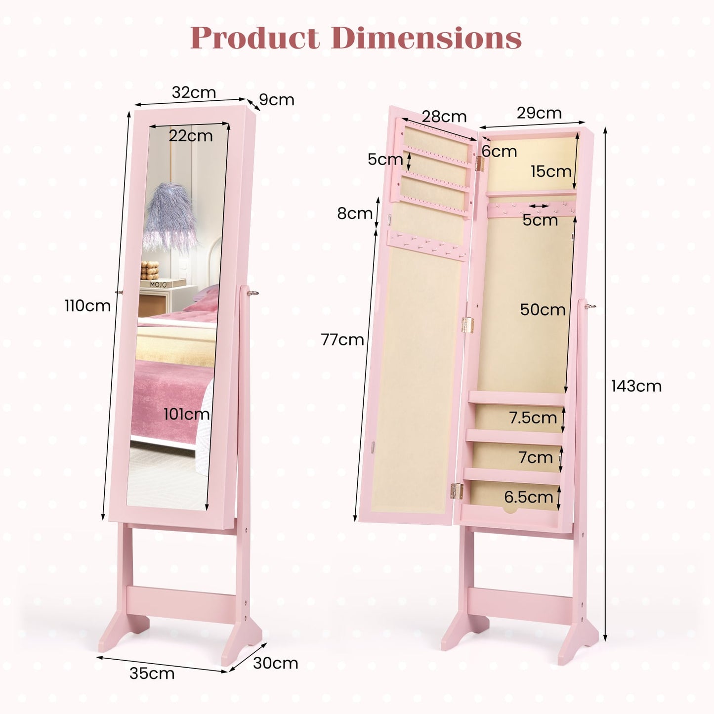 Mirrored Jewelry Armoire with Full-Length Mirror and 3 Tilting Angles-Pink