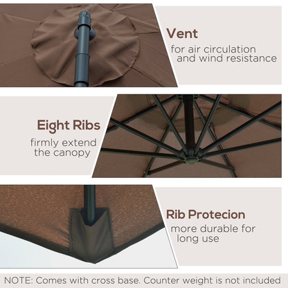 Outsunny 2.45m Overhanging Cantilever Parasol, Heavy Duty Waterproof Garden Umbrella with Cross Base, Brown