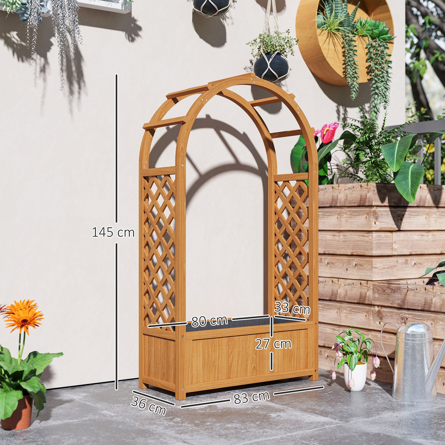 Outsunny Wooden Raised Garden Bed with Trellis, Liner, Drainage Holes, for Vine Climbing Plants, Flowers, 83 x 36 x 145 cm
