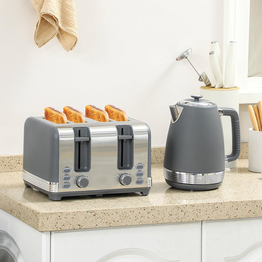HOMCOM Stainless Steel Kettle and Toaster Set, 1.7L 3000W Rapid Boil Jug Kettle with UK Strix Thermostat, Limescale Filter, 4 Slice Toaster with 7 Browning Controls, Crumb Tray, Grey and Silver Tone