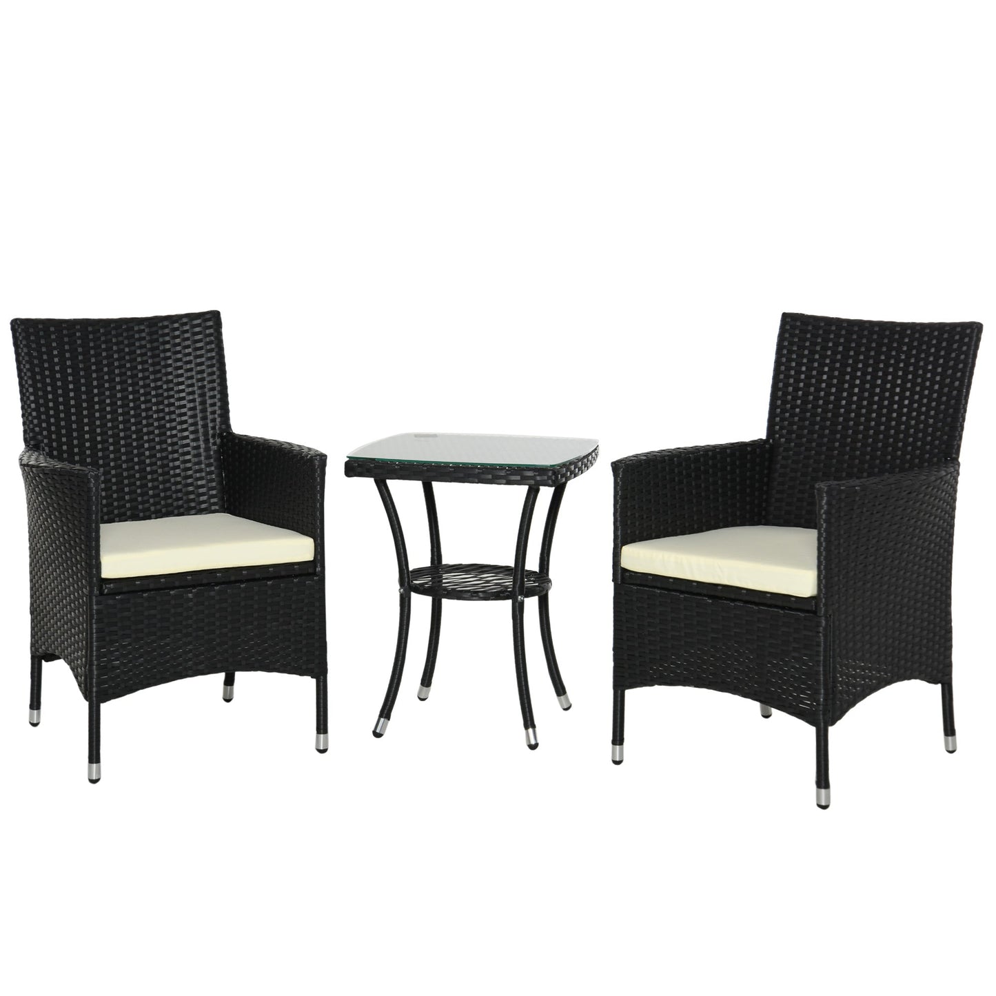 Outsunny 3 Pieces Rattan Bistro Set, Wicker Garden Furniture Set with 2-Tier Coffee Table and Chairs, Cushions, for Outdoor Patio Balcony, Black