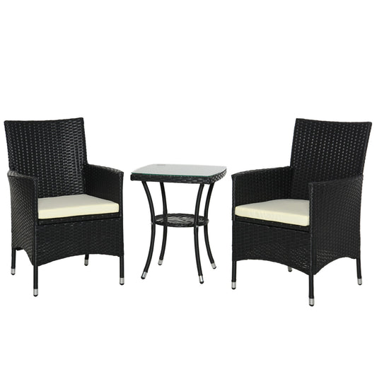 Outsunny 3 Pieces Rattan Bistro Set, Wicker Garden Furniture Set with 2-Tier Coffee Table and Chairs, Cushions, for Outdoor Patio Balcony, Black