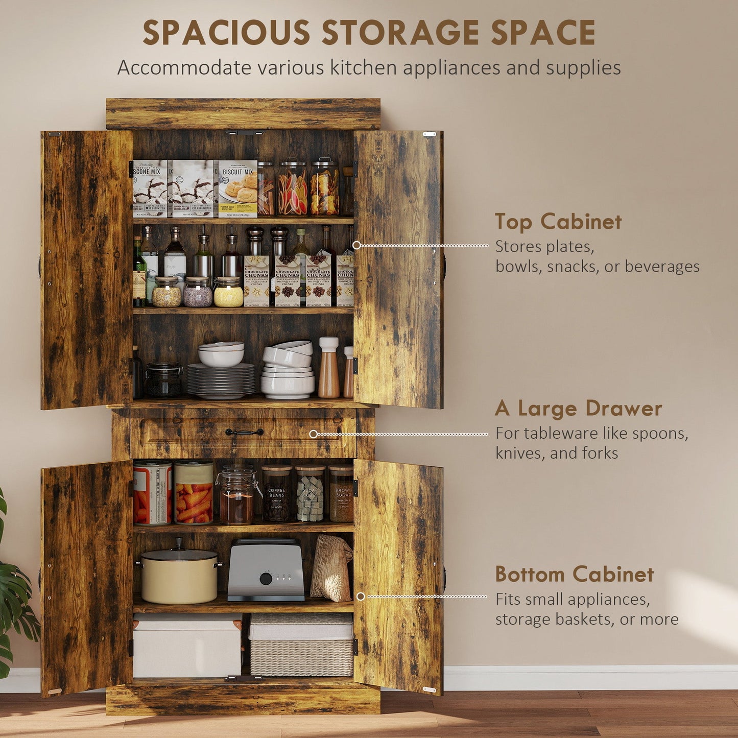 HOMCOM Tall Kitchen Cupboard, Kitchen Pantry Cabinet with Drawer, Shelves, Brown