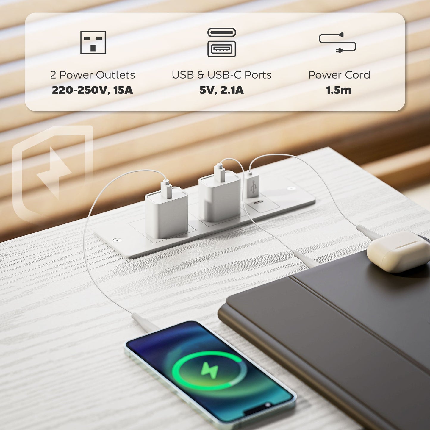 HOMCOM 120cm Biurko komputerowe z gniazdkami elektrycznymi, biurko do nauki z 3 szufladami z materiału i 4 półkami do przechowywania, białe