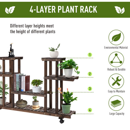 Outsunny 4-Tier Floor-standing Flower Rack Wood Plant Stand For Indoor & Outdoor Garden Balcony w/ Wheels & Handle 123.5L x 33W x 80H cm, 8 Pots