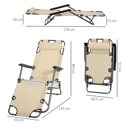 قطعتين من كراسي الاستلقاء للتشمس القابلة للطي مع ظهر قابل للتعديل، وكراسي حديقة قابلة للإمالة في الهواء الطلق مع وسادة ومساند للذراعين، باللون البيج
