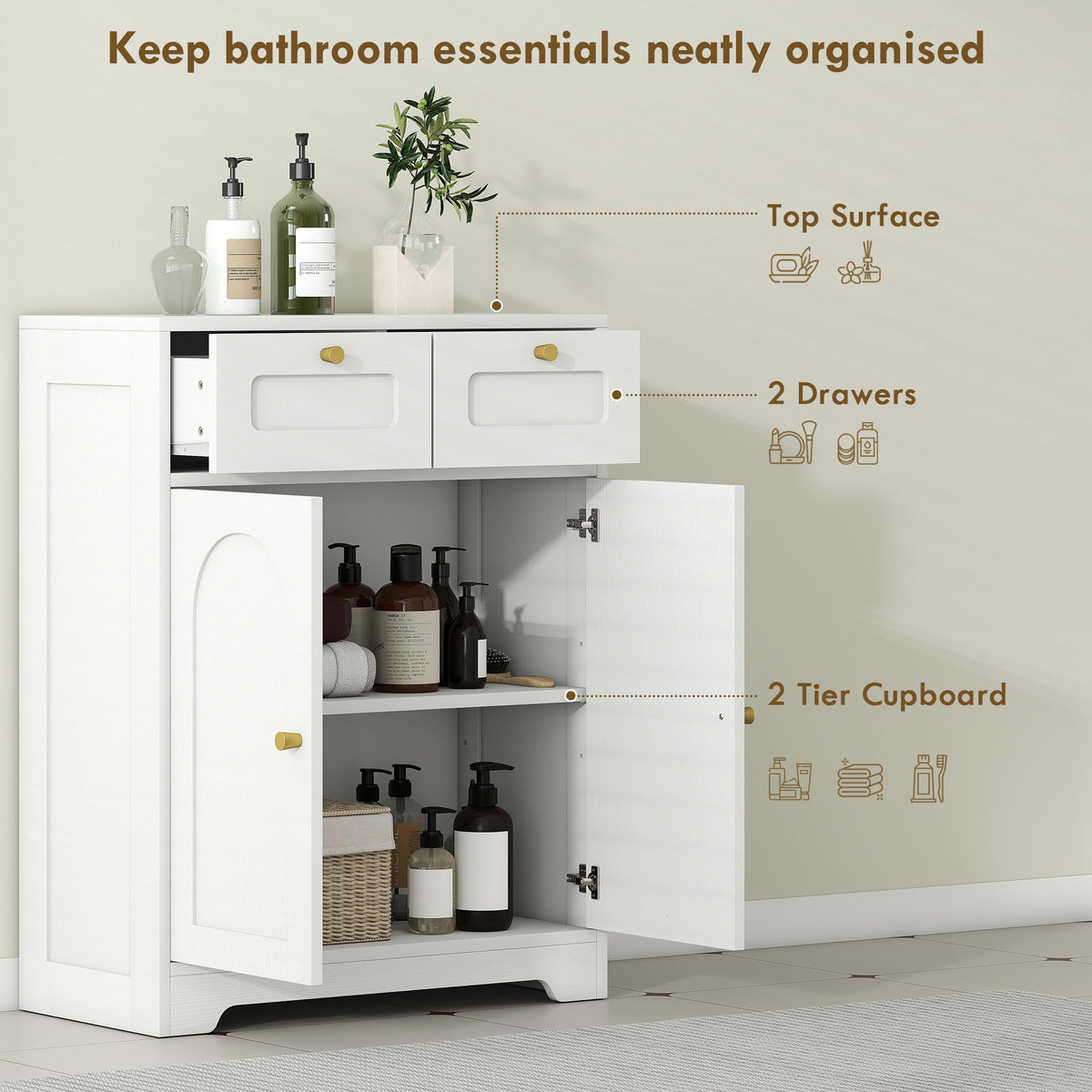 HOMCOM Bathroom Floor Cabinet with 2 Drawers in White, image 4