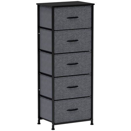 HOMCOM Fabric Chest of Drawers, Industrial Bedroom Dresser with 5 Fabric Drawers, Steel Frame and Wooden Top for Nursery, Living Room, Hallway, Dark Grey