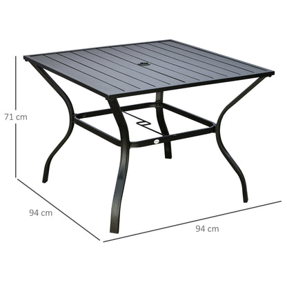 Outsunny 94 x 94 cm Garden Table with Parasol Hole, Outdoor Dining Garden Table for Four with Slatted Metal Plate Top, Black