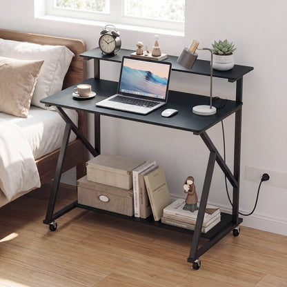 Mobile Computer Desk with Power Outlets Monitor Stand and Storage Shelf-Black