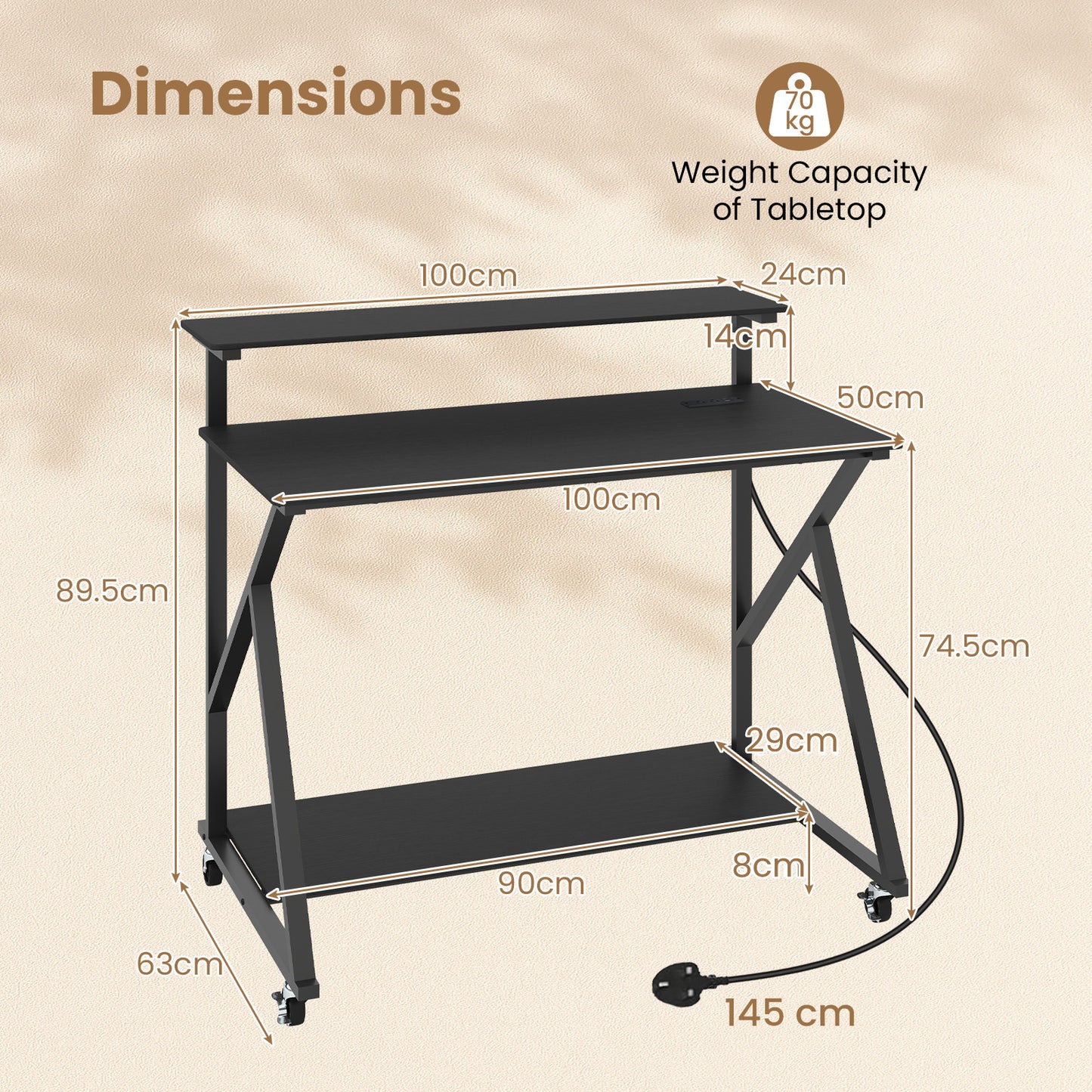 Mobile Computer Desk with Power Outlets Monitor Stand and Storage Shelf-Black