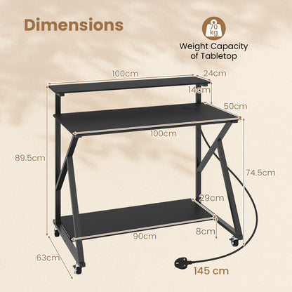 Mobile Computer Desk with Power Outlets Monitor Stand and Storage Shelf-Black