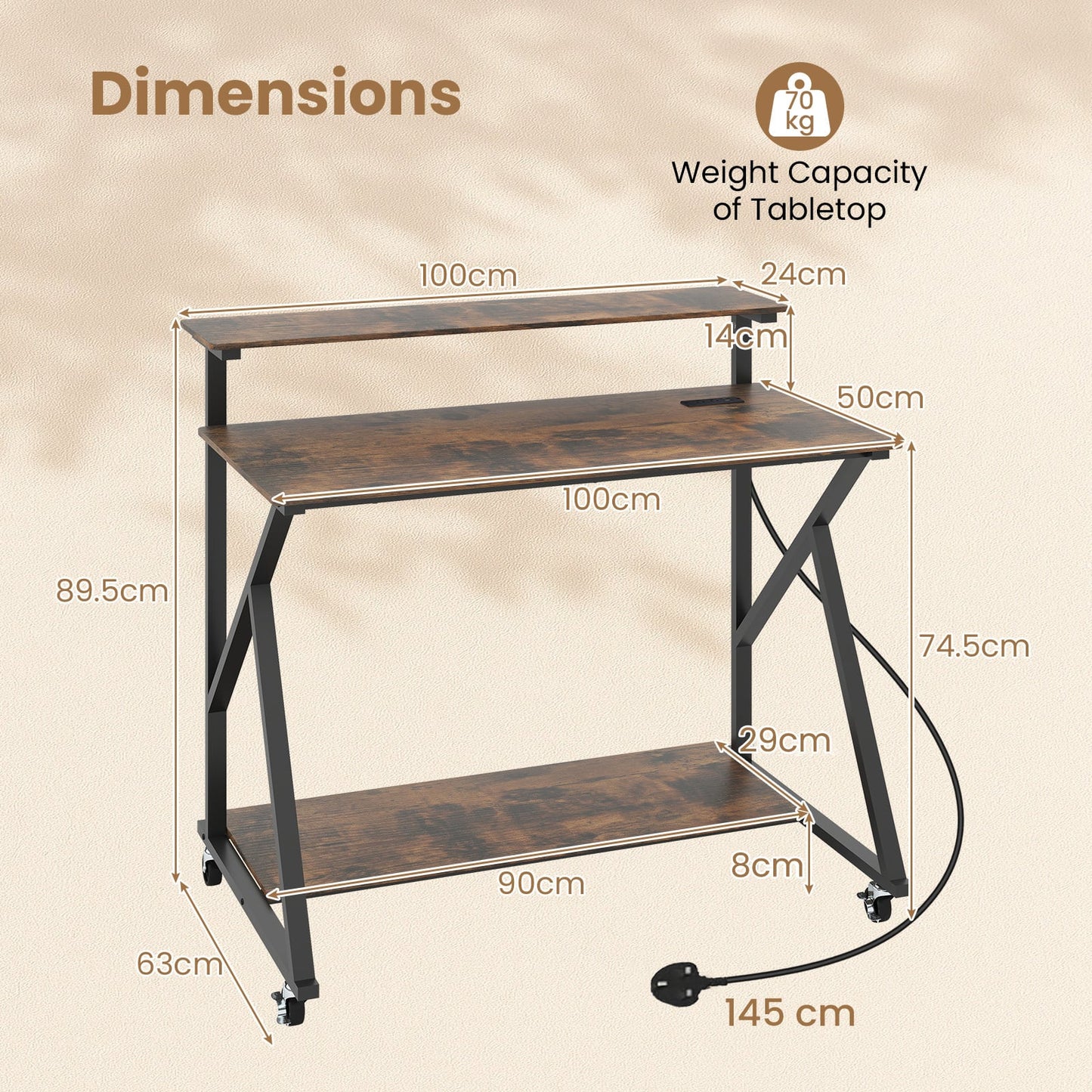 Mobile Computer Desk with Power Outlets Monitor Stand and Storage Shelf-Rustic Brown