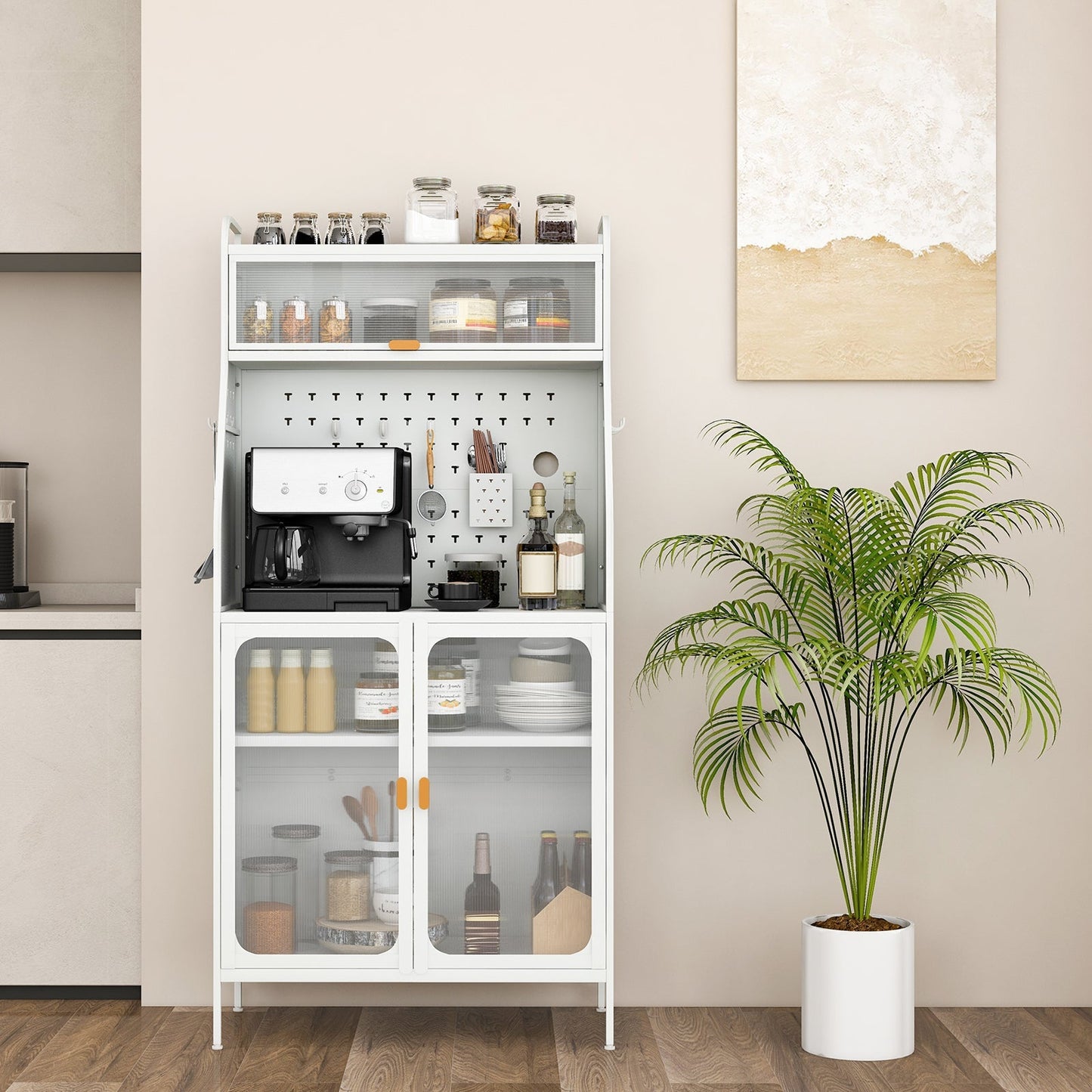 Kitchen Pantry Storage Cabinet Freestanding Baker Rack with Pegboard-White