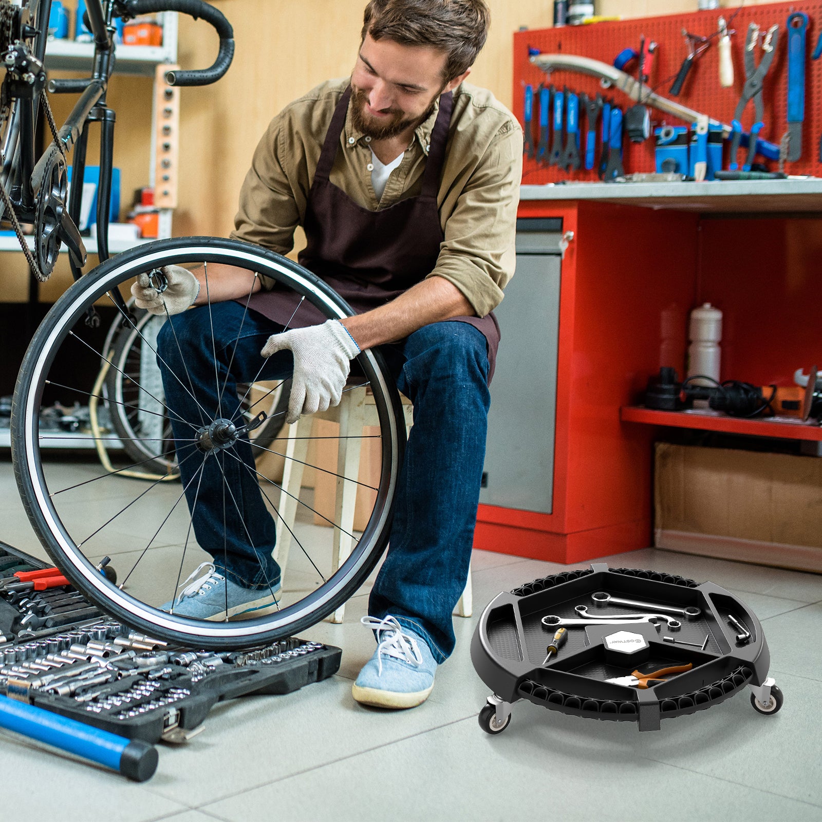 Mobile Automotive Tool Creeper with 3 Swivel Casters and 4 Compartments-Black