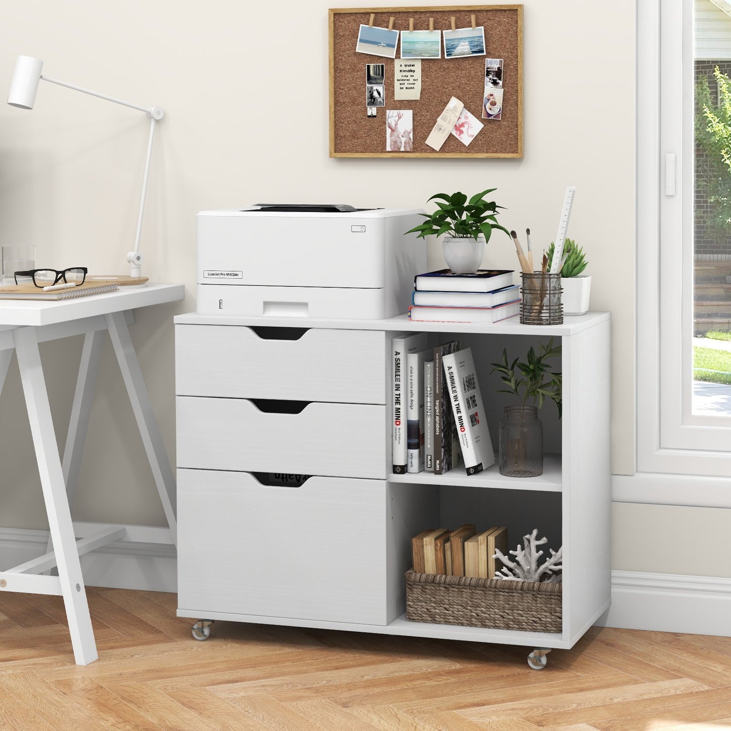 Mobile File Cabinet with 3 Pull-out Drawers and Adjustable Shelf-White
