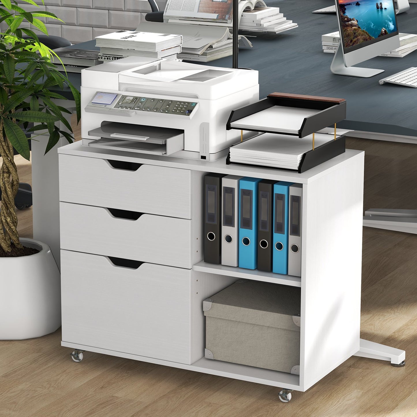 Mobile File Cabinet with 3 Pull-out Drawers and Adjustable Shelf-White