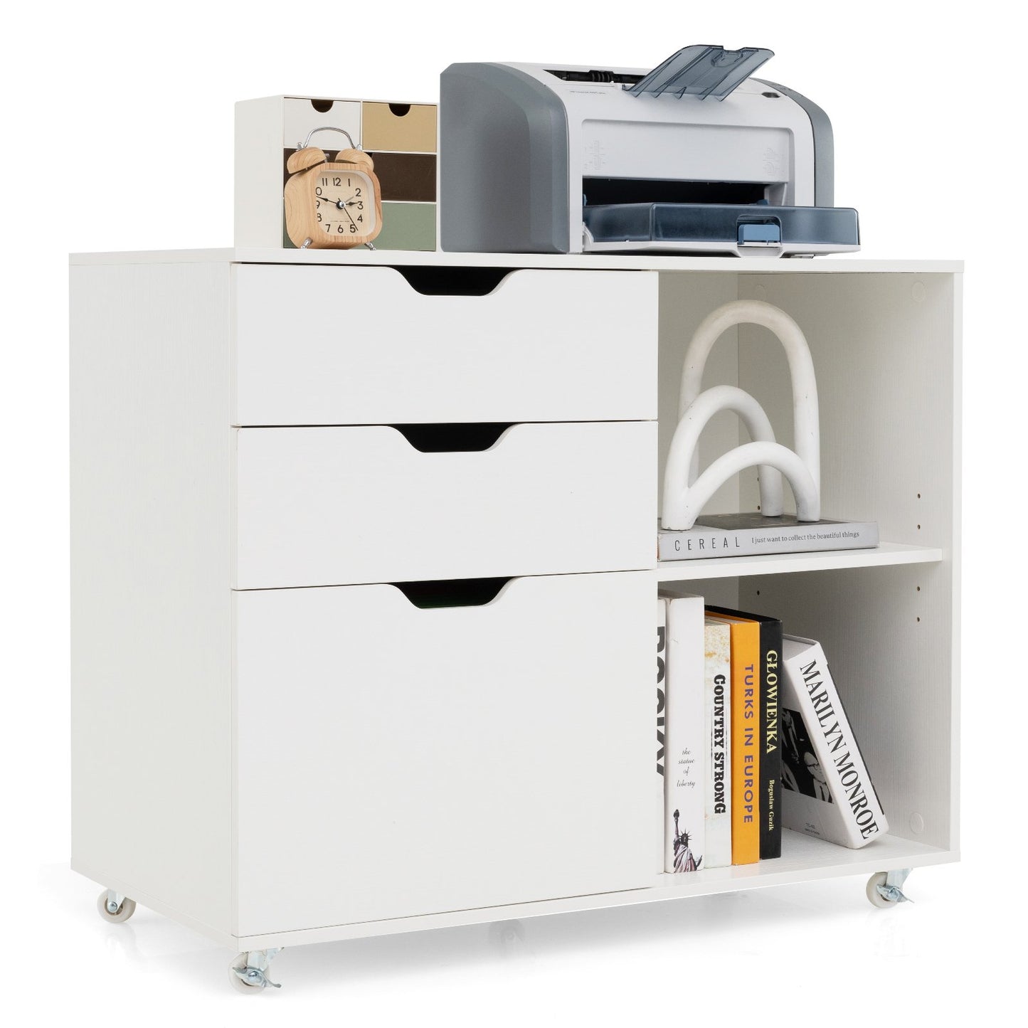 Mobile File Cabinet with 3 Pull-out Drawers and Adjustable Shelf-White